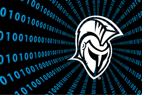 Blue code in a spiral with the white Trojan head logo.